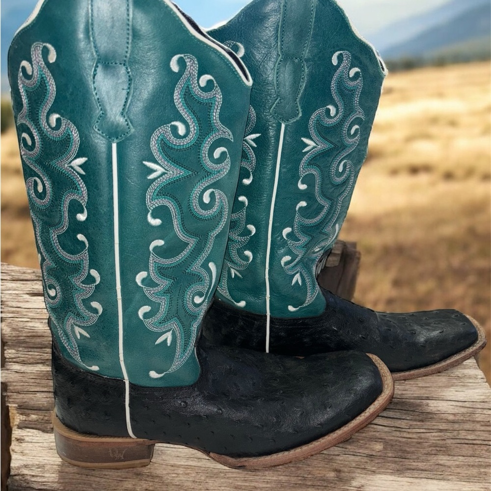 Outlaw Western Cowgirl Teal & Black Quill Ostrich Leather Boots Women’s 9.5